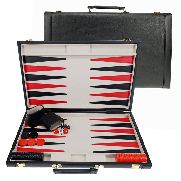 A sophisticated 21-inch Backgammon set featuring a black and red leather exterior. The interior showcases a stylish playing board with bold black and red triangles. Included are smooth playing pieces, two dice, and a dice cup, all neatly organized in the case. The case is closed with a sturdy handle for easy transport, making it perfect for game nights or travel.