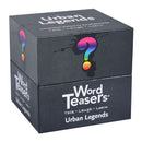 Word Teasers Urban Legends game box featuring a colorful question mark design. The packaging promotes conversation starters for family fun, emphasizing talking, laughing, and learning together.