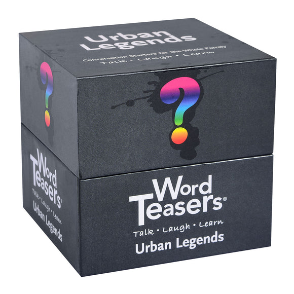 Word Teasers Urban Legends game box featuring a colorful question mark design. The packaging promotes conversation starters for family fun, emphasizing talking, laughing, and learning together.