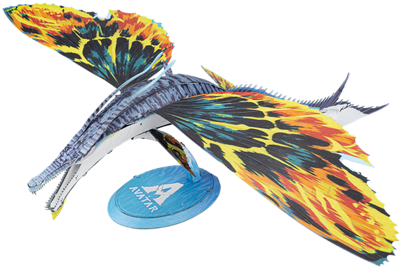 The Premium Series Skimwing by Fascinations is a vibrant 3D model kit featuring a stunning, colorful, butterfly-like creature with intricate details. The Skimwing showcases bold patterns in orange, yellow, black, and blue, and is displayed on a circular base with the Avatar logo, emphasizing its artistic design and craftsmanship. Perfect for display or as a fun DIY project.