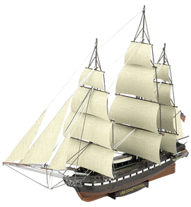 A detailed model kit of the USS Constitution sailing ship by Fascinations. The ship features multiple sails, a wooden hull, and intricate rigging, showcasing craftsmanship for DIY enthusiasts.
