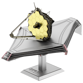 A detailed, metallic DIY kit of the James Webb Space Telescope by Fascinations. The model features intricate components, including a golden hexagonal sunshield and a sleek base. Perfect for space enthusiasts and model-building fans.