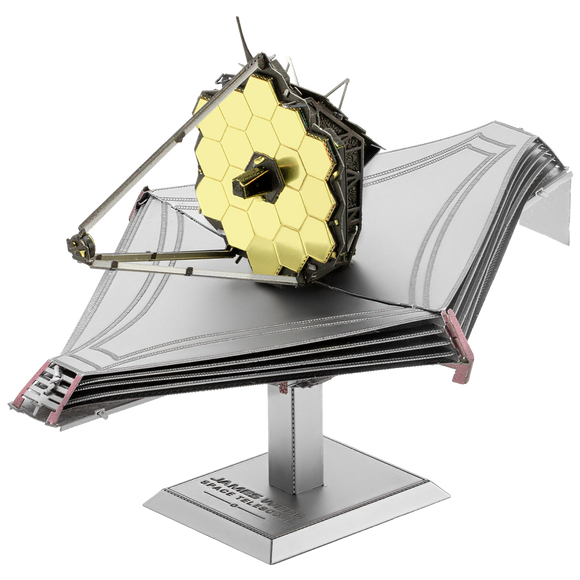 A detailed, metallic DIY kit of the James Webb Space Telescope by Fascinations. The model features intricate components, including a golden hexagonal sunshield and a sleek base. Perfect for space enthusiasts and model-building fans.
