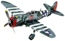 A detailed metal model kit of a P-47 Thunderbolt airplane, showcasing vibrant green, gray, and red camouflage paint, with intricate markings and a propeller. This DIY kit from Fascinations allows for hands-on assembly.