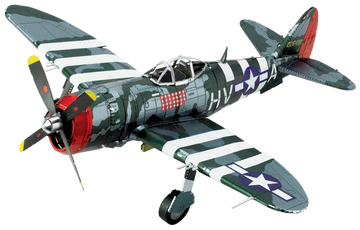 A detailed metal model kit of a P-47 Thunderbolt airplane, showcasing vibrant green, gray, and red camouflage paint, with intricate markings and a propeller. This DIY kit from Fascinations allows for hands-on assembly.