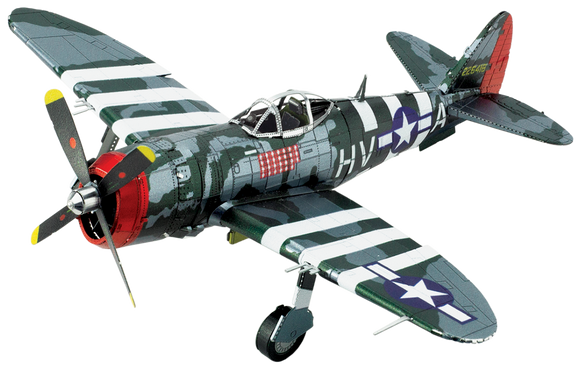 A detailed metal model kit of a P-47 Thunderbolt airplane, showcasing vibrant green, gray, and red camouflage paint, with intricate markings and a propeller. This DIY kit from Fascinations allows for hands-on assembly.