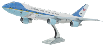 A detailed metal model of Air Force One, featuring intricate designs and a stand for display. The aircraft is painted with the iconic blue and white color scheme, showcasing 'United States of America' on its side. Perfect for enthusiasts and collectors.