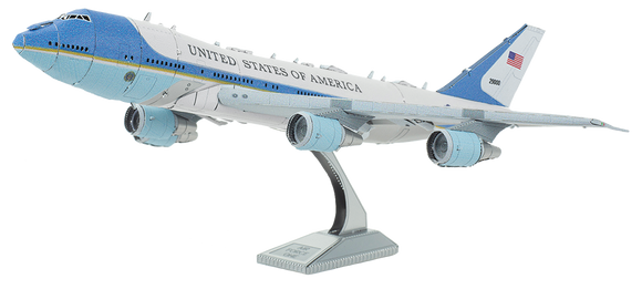 A detailed metal model of Air Force One, featuring intricate designs and a stand for display. The aircraft is painted with the iconic blue and white color scheme, showcasing 'United States of America' on its side. Perfect for enthusiasts and collectors.
