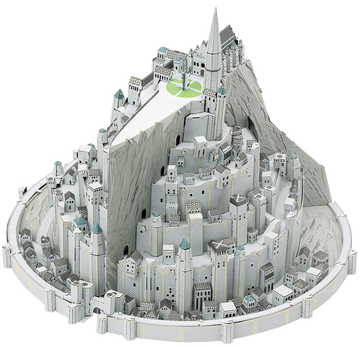 A detailed 3D model kit of Minas Tirith, featuring intricate architectural designs and snowy mountain landscapes. Perfect for DIY enthusiasts and fans of fantasy.
