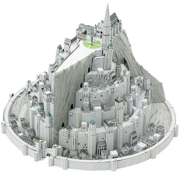 A detailed 3D model kit of Minas Tirith, featuring intricate architectural designs and snowy mountain landscapes. Perfect for DIY enthusiasts and fans of fantasy.