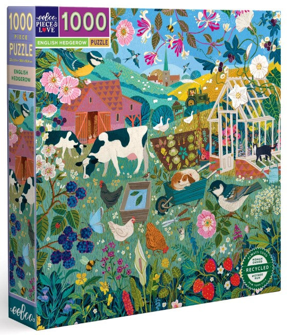 The English Hedgerow jigsaw puzzle by Eeboo features a vibrant, illustrated scene of a countryside setting with colorful flowers, animals such as cows and birds, and charming farm buildings. The puzzle contains 1000 pieces and is made from recycled materials.