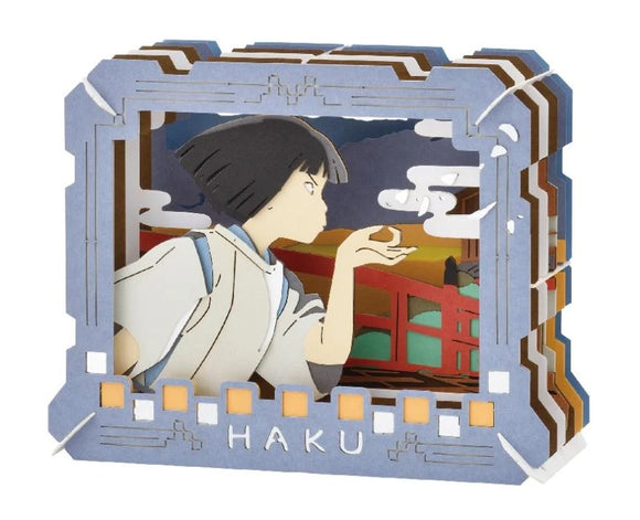 Paper Theater Haku from Spirited Away by Ensky. This intricate DIY kit features a layered design showcasing the iconic character Haku in a colorful, scenic backdrop. Perfect for fans of Studio Ghibli and paper crafts.