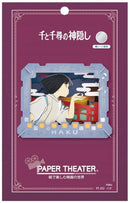 Ensky Paper Theater DIY kit featuring Haku from Spirited Away. The kit includes intricately cut paper designs depicting Haku against a vibrant backdrop inspired by the film. Perfect for fans and craft enthusiasts alike, providing a unique way to display beloved characters.