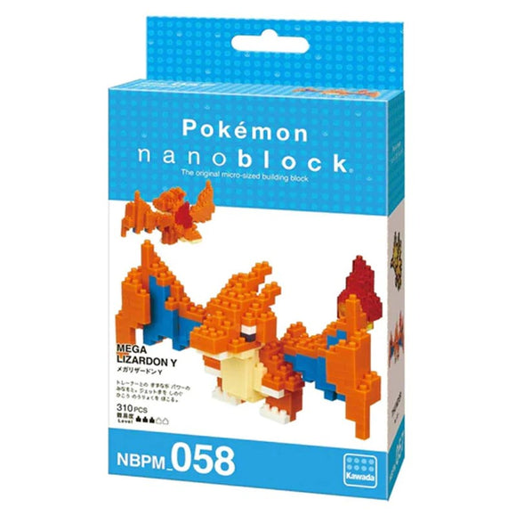Nanoblock Mega Charizard Y DIY kit, featuring 310 micro-sized building blocks in vibrant orange and blue colors. The packaging displays the assembled Charizard figure with detailed features and dynamic pose, perfect for Pokémon fans and building enthusiasts.