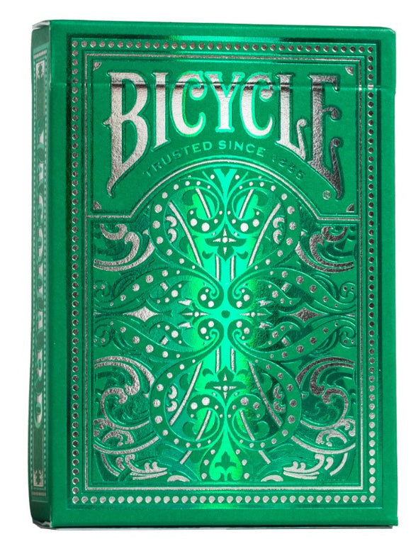 A close-up of the Bicycle Jacquard playing cards box. The design features an intricate green finish with silver detailing and elegant swirls. The box prominently displays the word 'Bicycle' at the top, emphasizing the brand's long-standing reputation for quality since 1885. This product is perfect for card games and collectors alike.