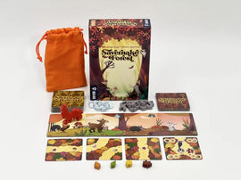 Savernake Forest board game by Devir Games, featuring a beautifully illustrated box, game pieces, cards, and an orange drawstring pouch, ideal for family fun and strategy.