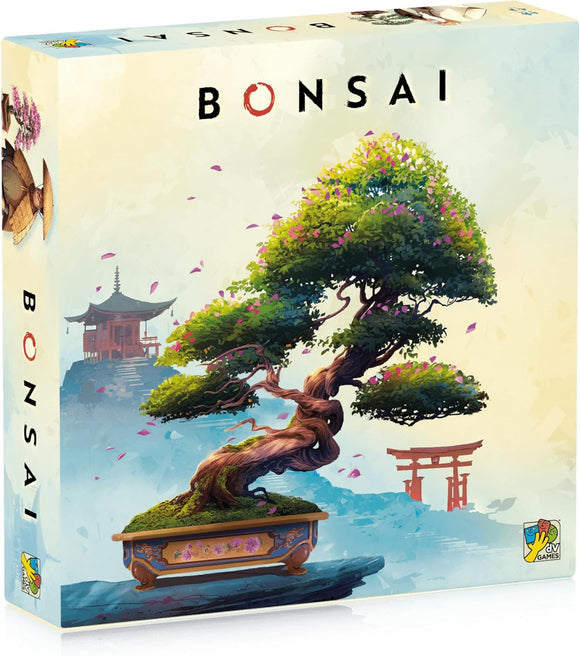 Bonsai game box by DV GIOCHI featuring an artistic illustration of a bonsai tree in a decorative pot against a serene background of a temple and cherry blossom petals falling. The title "Bonsai" is prominently displayed on the front, with vibrant colors emphasizing the beauty of nature and craftsmanship.
