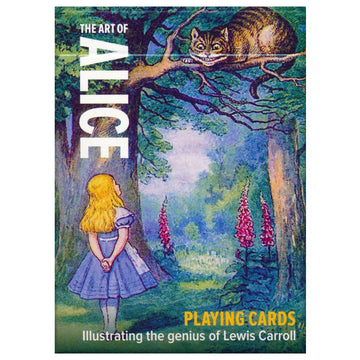 The Art of Alice card deck featuring an illustration inspired by Lewis Carroll's work, showcasing a young girl with long blond hair standing in a whimsical forest setting, gazing at the Cheshire Cat perched on a branch. The vibrant colors and intricate details bring the magic of Wonderland to life.