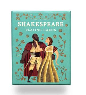Pack of Shakespeare Playing Cards designed by Chronicle Books, featuring vibrant illustrations of iconic characters and motifs from Shakespeare's plays, set against a striking turquoise background.