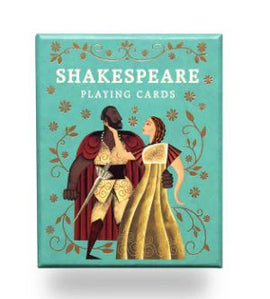 Pack of Shakespeare Playing Cards designed by Chronicle Books, featuring vibrant illustrations of iconic characters and motifs from Shakespeare's plays, set against a striking turquoise background.