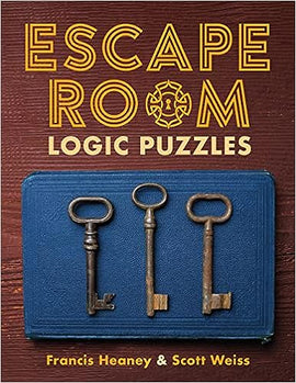 Book titled 'Escape Room Logic Puzzles' by Francis Heaney and Scott Weiss, featuring three vintage keys on a blue background. The book invites readers to solve engaging puzzles and escape room challenges.