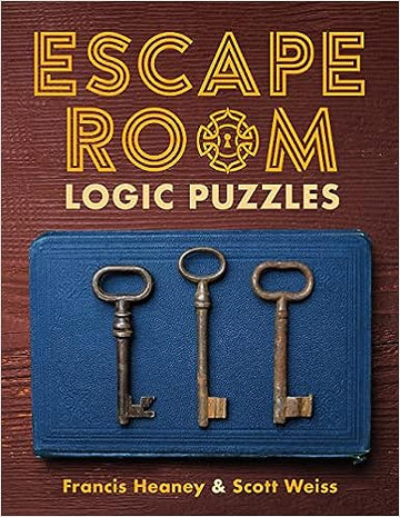 Book titled 'Escape Room Logic Puzzles' by Francis Heaney and Scott Weiss, featuring three vintage keys on a blue background. The book invites readers to solve engaging puzzles and escape room challenges.