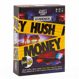Evidence Hush Money Game box featuring vibrant graphics. The packaging displays the title 'HUSH MONEY' in bold yellow letters against a dark background, with images of a wallet and crime scene. It is designed for 1-4 players aged 14 and up, and includes access to an online detective portal. The game promises an engaging crime-solving adventure.