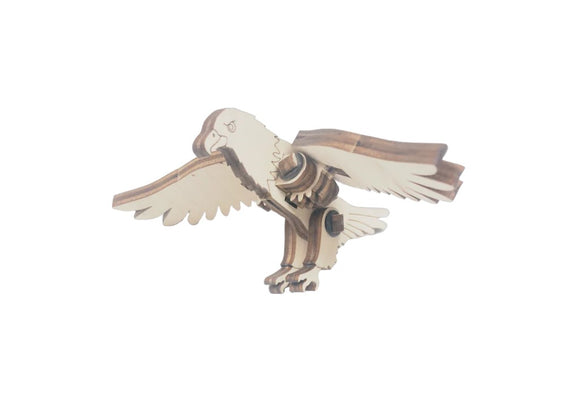 The Loopets Eagle by Zootility is a beautifully crafted DIY kit featuring a wooden eagle design. The mechanical puzzle showcases intricate detailing and movable parts, making it an engaging project for crafters and hobbyists alike. Its wings are elegantly posed as if ready to take flight, highlighting a fusion of creativity and craftsmanship.