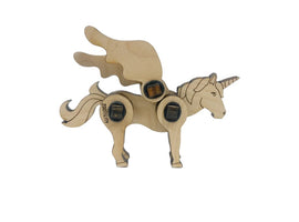 Wooden toy of a colorful alicorn with a horn, stylized wings, and a flowing mane. It features movable components for interactive play and creativity.