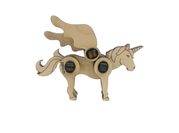 Wooden toy of a colorful alicorn with a horn, stylized wings, and a flowing mane. It features movable components for interactive play and creativity.