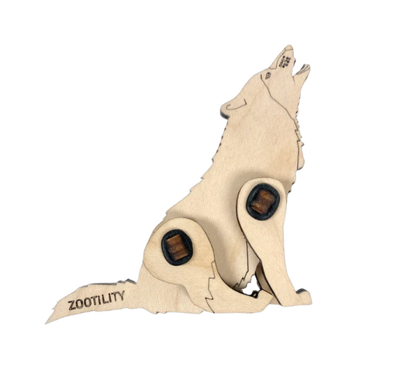 Loopets Wolf by Zootility, a DIY kit featuring a wooden wolf silhouette with interactive joints, perfect for creative play and inventive construction.