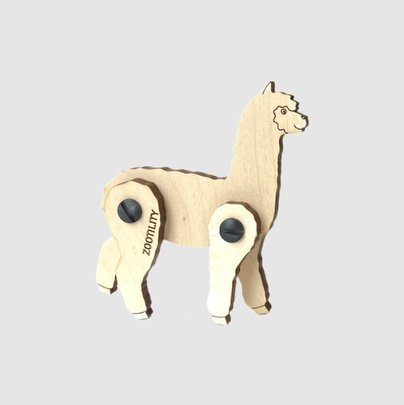 Loopets Alpaca DIY kit by Zootility. A wooden, articulated alpaca model with moveable legs, crafted from high-quality wood, showcasing intricate detailing. Perfect for crafting enthusiasts and a fun addition to any creative project.