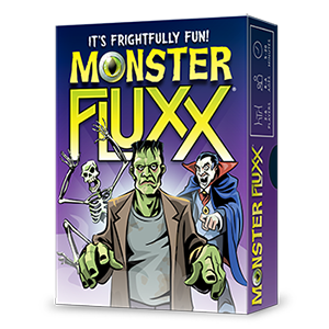 The packaging for the board game 'Monster Fluxx' by Looney Labs, featuring colorful artwork of various monsters, including a mummy, skeleton, and vampire. The title is prominently displayed in bold yellow letters against a purple background, with a subtitle 'It's Frightfully Fun!'
