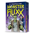 The packaging for the board game 'Monster Fluxx' by Looney Labs, featuring colorful artwork of various monsters, including a mummy, skeleton, and vampire. The title is prominently displayed in bold yellow letters against a purple background, with a subtitle 'It's Frightfully Fun!'