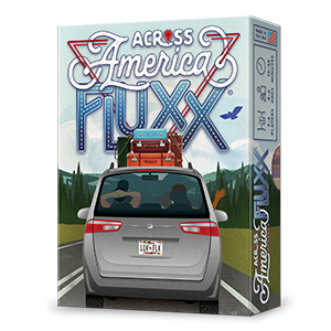 The game 'Across America Fluxx' by Looney Labs features a colorful illustration of a van loaded with luggage, driving down a scenic highway. The packaging displays the title prominently at the top, surrounded by a vibrant design that captures the spirit of road trips and adventure.