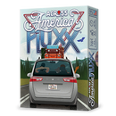 The game 'Across America Fluxx' by Looney Labs features a colorful illustration of a van loaded with luggage, driving down a scenic highway. The packaging displays the title prominently at the top, surrounded by a vibrant design that captures the spirit of road trips and adventure.