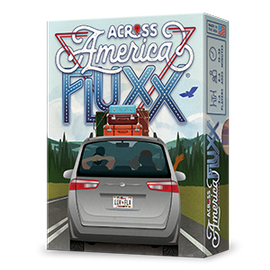 The game 'Across America Fluxx' by Looney Labs features a colorful illustration of a van loaded with luggage, driving down a scenic highway. The packaging displays the title prominently at the top, surrounded by a vibrant design that captures the spirit of road trips and adventure.