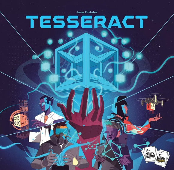 The Tesseract game by Smirk & Dagger features an intriguing cover design showcasing colorful illustrations of characters engaged in various activities related to a futuristic cube, surrounded by digital motifs and glowing elements. The title 'Tesseract' is prominently displayed at the top.