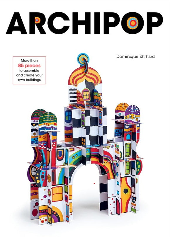 Archipop Building Kit featuring colorful, intricately designed architectural pieces. The kit includes over 85 pieces that allow users to assemble and create unique buildings. Perfect for creativity and play, showcasing vibrant patterns and eye-catching designs.