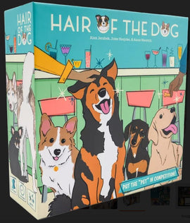 The box cover of the game 'Hair of the Dog' by Cherry Picked Games, featuring a colorful illustration of various cartoon dogs including a happy border collie, corgi, dachshund, and others, set against a vibrant background with drinks and party items.