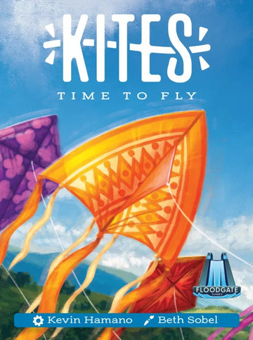 Colorful kites soaring in a blue sky, featuring vibrant orange, purple, and patterned designs. The game titled 'Kites' is created by Floodgate Games, showcasing a joyful theme of flying kites against a picturesque landscape.