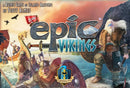Tiny Epic Vikings game cover featuring Vikings in action, showcasing dynamic illustrations of warriors, a Viking ship, weapons, and beautiful landscapes, highlighting the adventurous theme of island raiding.