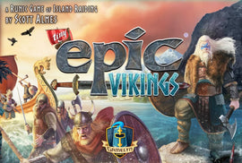 Tiny Epic Vikings game cover featuring Vikings in action, showcasing dynamic illustrations of warriors, a Viking ship, weapons, and beautiful landscapes, highlighting the adventurous theme of island raiding.