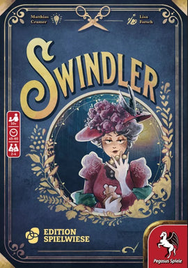Swindler board game by PEGASUS SPIELE NORTH AMERICA, featuring a vintage-style box cover with an illustrated woman in a purple hat and floral dress. The title 'Swindler' is prominently displayed in an ornate font. The game is designed for 2-4 players, ages 10 and up, with a playtime of 45-60 minutes.