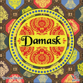 The game 'Damask' by Radical 8 Games features an intricate, colorful design with rich patterns in red, yellow, blue, and black. The title 'Damask' is prominently displayed in bold black letters at the center, surrounded by a decorative circular border with dots. The background showcases various elegant damask patterns, enhancing the visual appeal of the game packaging.