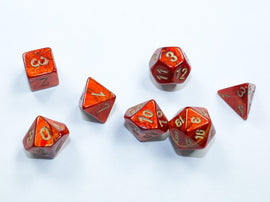 A set of Mini Scarab RPG dice in scarlet and gold colors, featuring various shapes such as d4, d6, d8, d10, d12, and d20. Each die is adorned with gold numbers that stand out against the shiny scarlet surface, ideal for tabletop gaming and role-playing adventures.