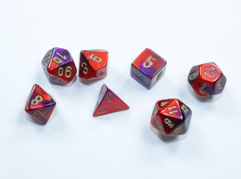 Set of seven Mini Gemini RPG dice in a striking purple-red color with gold numbering. The dice include various shapes: a d20, d12, d10, d8, d6, d4, and percentile die, perfect for tabletop role-playing games.