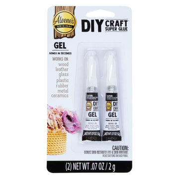 Two tubes of Aleene's Super Glue Gel, each 0.07 oz, designed for DIY crafts. The packaging highlights strong bonding capabilities on various materials like wood, leather, glass, plastic, rubber, metal, and ceramics. Ideal for quick repairs and creative projects.