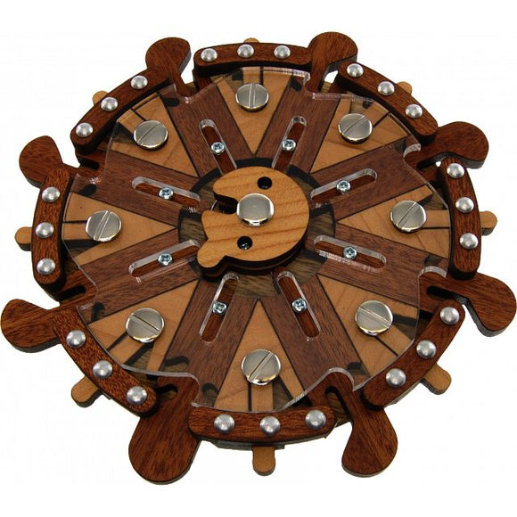 The Steuerrad Puzzle by Jean Claude is a beautifully crafted mechanical puzzle featuring a circular design. It is made of various types of wood, showcasing intricate details with a mix of light and dark wood tones. The puzzle has multiple rotating mechanisms, adorned with shiny metal elements and wooden pegs that create an engaging challenge for enthusiasts. This elegant piece serves both as a captivating decorative item and a stimulating brain teaser.