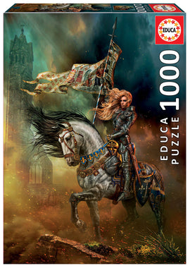 Educa Joan of Arc jigsaw puzzle featuring a stunning illustration of a warrior woman in silver armor riding a majestic white horse. The scene is dramatic with a stormy sky, a flag held high, and a medieval castle tower in the background, all rendered in vibrant colors. This 1000-piece puzzle combines artistry and historical themes, perfect for puzzle enthusiasts.